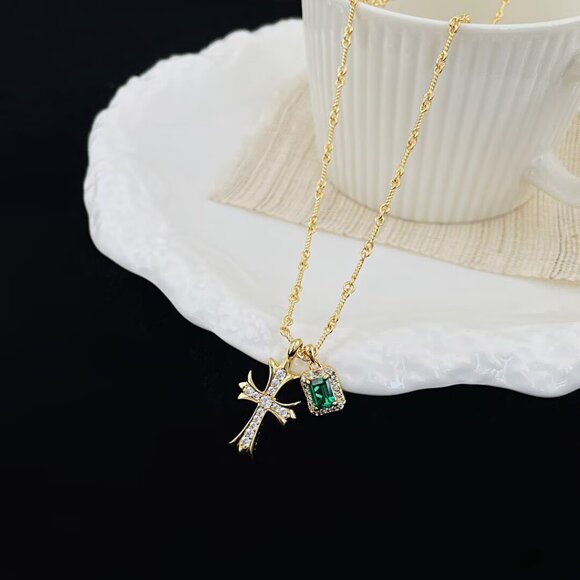 Chrome Hearts Gold Cross Necklace with Emerald Pendant - Picture 5 of 9